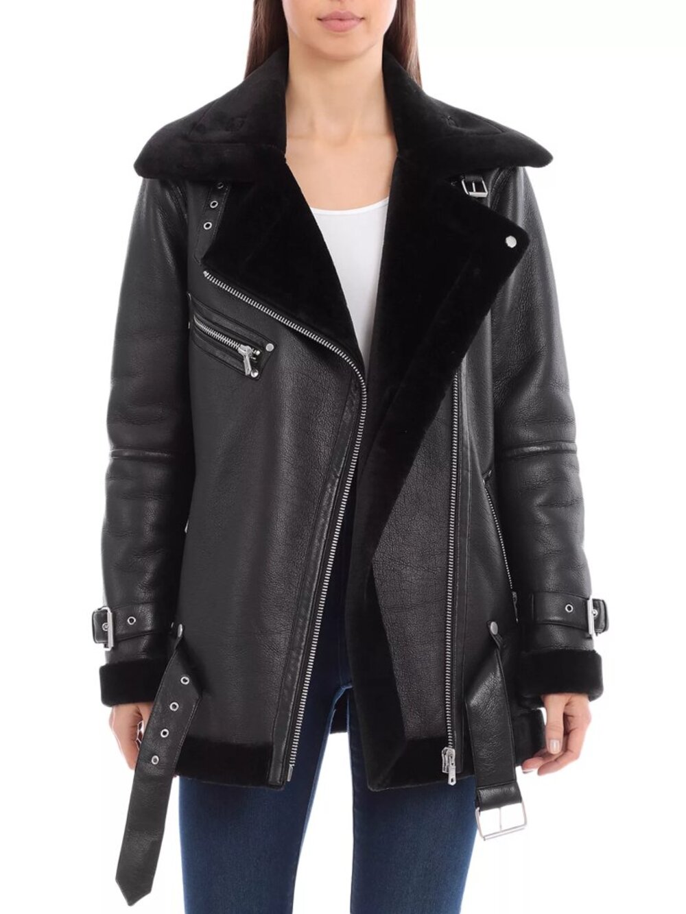 Avec Les Filles Oversized Faux Shearling Biker Jacket Black Moto Cozy S NWT